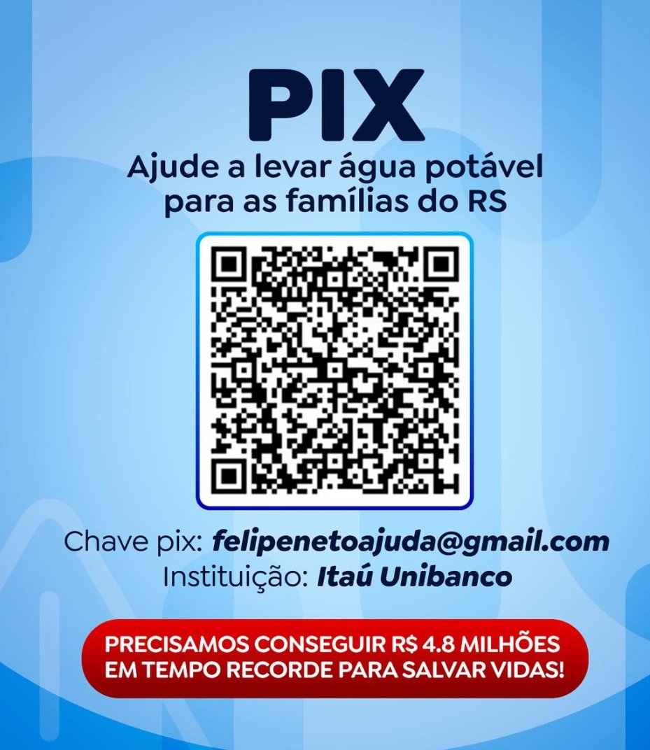 Acabamos de receber + R$ 1 milhão em doação de um fundo! O dinheiro irá direto para a conta da empresa de purificadores de água. Com isso chegamos a 3.2 milhões de reais!!! Falta 1.6 milhão, galera! Chave PIX: felipenetoajuda@gmail.com