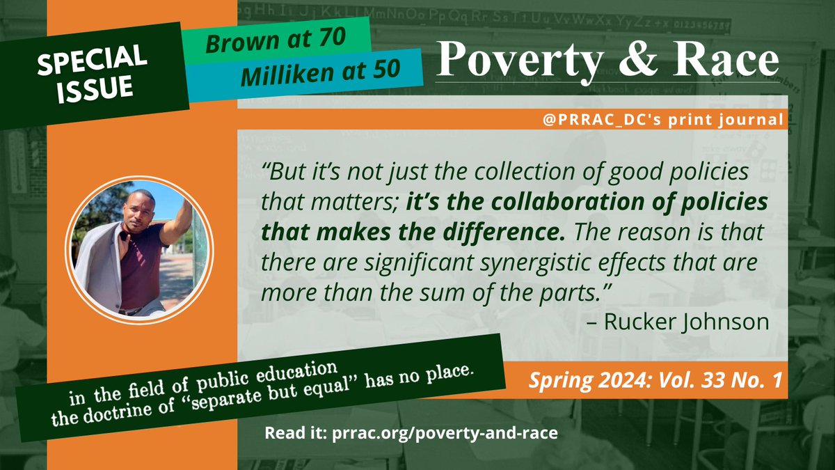 Money matters, but💰is not enough. The policy prescription needed to overcome the legacy of #segregation according to economist @ProfRucker @UCBerkeley:
☑️ School finance reform
☑️Quality pre-K
☑️School integration
Read more in @PRRAC_DC’s #PovertyandRace: bit.ly/BrownAt70