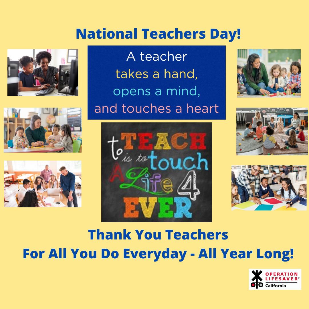 It Is #NationalTeachersDay Every day all year long, we say Thank You Teachers for dedicating your time to our children’s education. We value the incredible work you do. Thank you for sharing #RailSafetyEd, helping kids choose safety near RR tracks. #Teachers #HeroesEveryDay