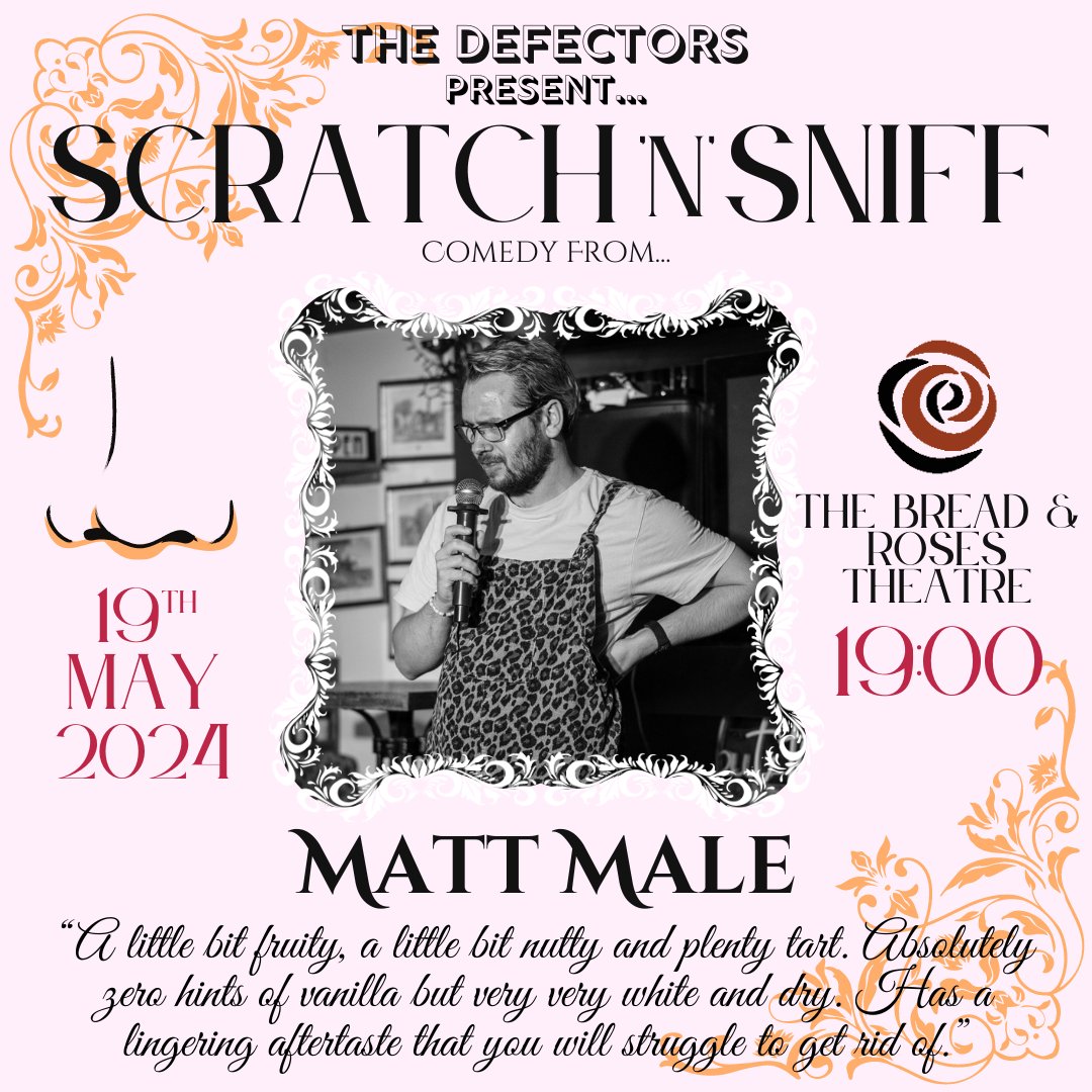 👃SCRATCH 'N' SNIFF - 19th MAY👃 Introducing our first act for this month's show at @BreadandRosesTC ... 🍞🌹 The hilarious Matt Male will tickle your funny bone with his comedy stylings and steamy readings... they're not to be sniffed at!👀📕 Tix:🎟️app.lineupnow.com/event/the-defe…