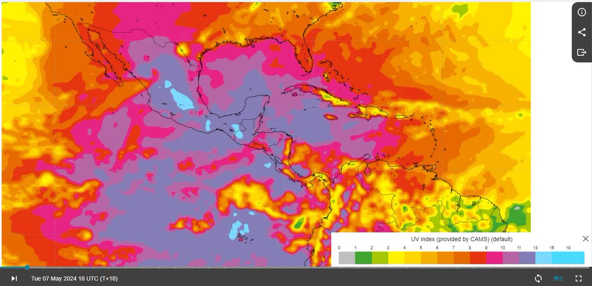 ¿Listos para este calor? 🥵🔥🔥
El índice da radiación ultravioleta indica que en gran parte de México, hoy martes 7 de mayo, tendrá valores mayores a 11 (colores morados y azules), lo cual es peligroso para la piel #Cuidense #UsenProtectorSolar