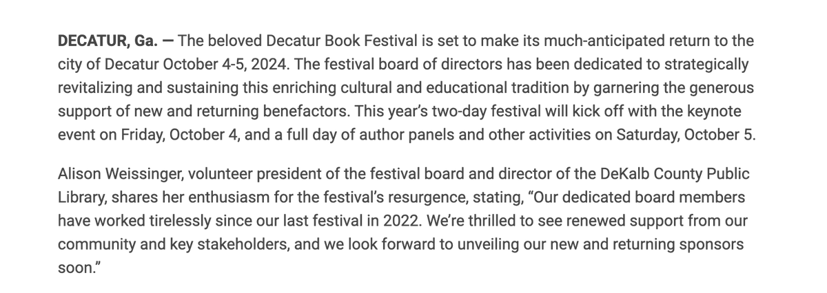 Does anyone have updates on the supposed return of the Decatur Book Festival this year?