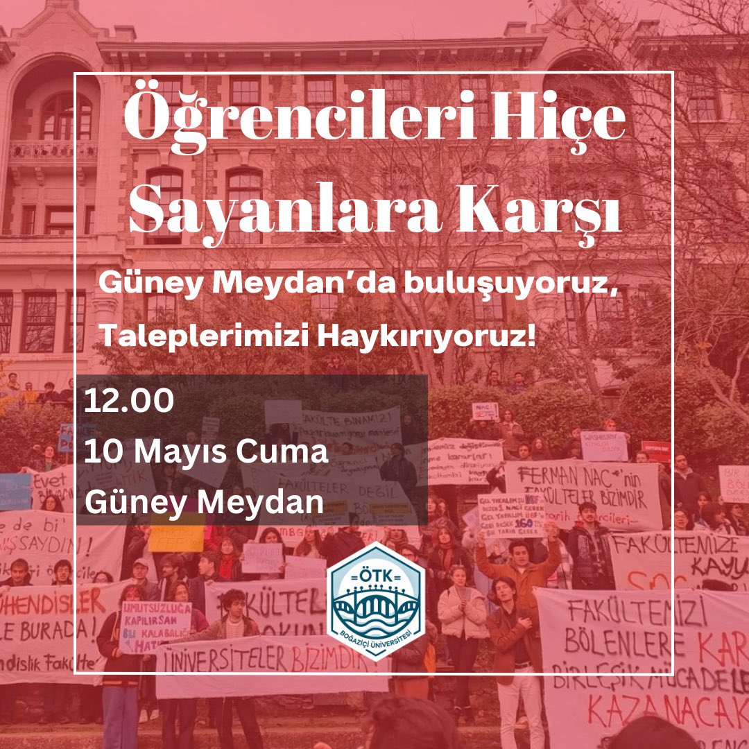 ÖĞRENCİLERİ HİÇE SAYANLARA KARŞI TALEPLERİMİZİ HAYKIRIYORUZ Kayyum yönetimin bizleri mahkum etmeye çalıştığı sorunlara karşı parasız bilimsel demokratik üniversite talebimizi bir kez daha haykırıyoruz ve hepinizi 10 Mayıs Cuma günü saat 12.00’de Güney Meydan'a bekliyoruz!