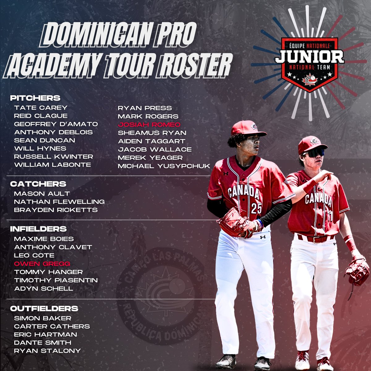 Baseball Canada announces invitees for the Dominican Professional Academy Camp🇨🇦🇩🇴 Camp de l'équipe nationale junior en République dominicaine : l'alignement dévoilé🇨🇦🇩🇴 📰 EN: bit.ly/4b97EQW 📰 FR: bit.ly/3Uqrd02 #BaseballCanada | #JNTDR