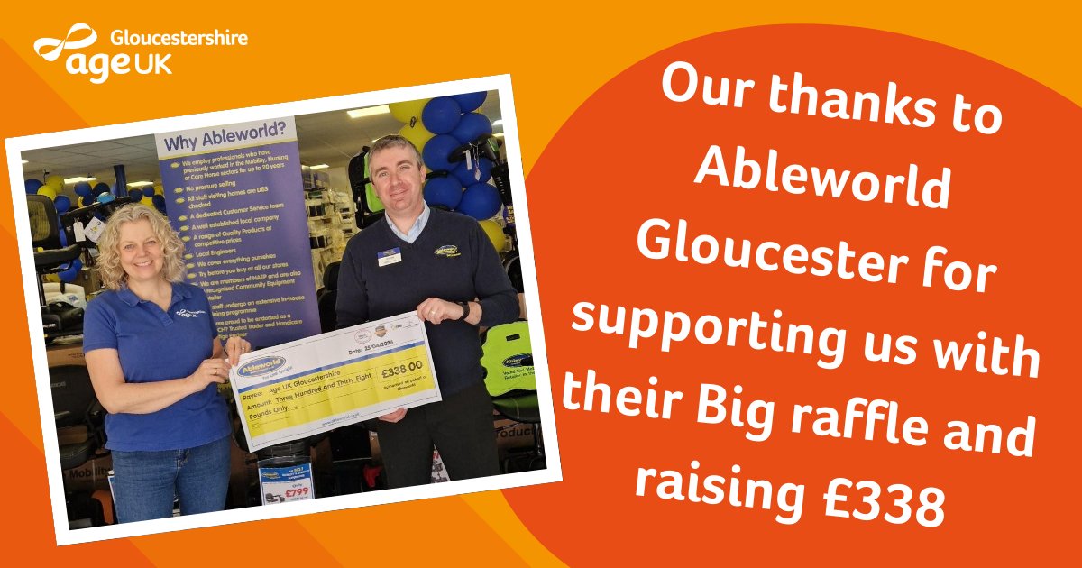 Big thanks to our friends @Ableworld Gloucester who supported us with their Big Raffle. £338 was raised and every penny will go towards supporting older people across Gloucestershire.