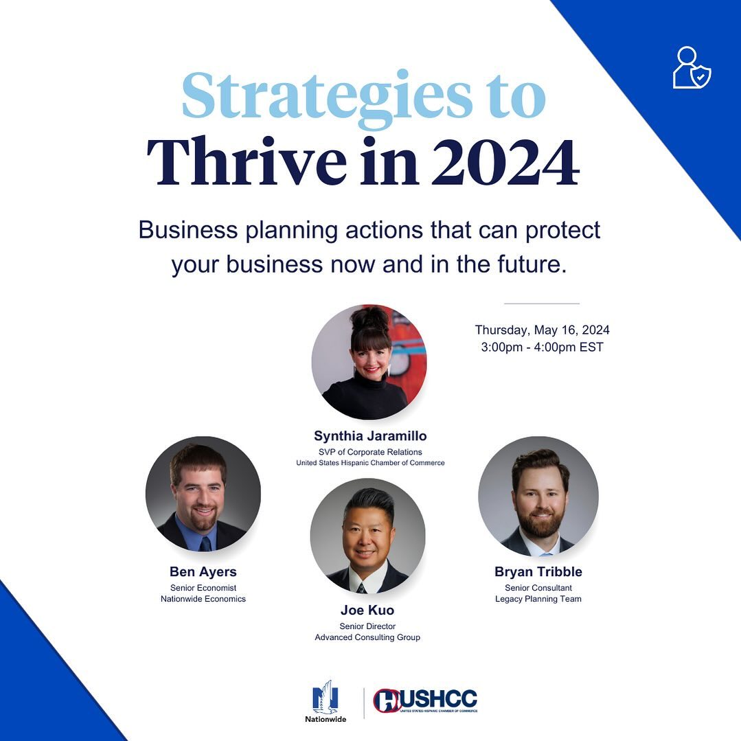 #FreeWebinar | The United States Hispanic Chamber of Commerce (@USHCC) has partnered with @Nationwide to host the upcoming webinar 'Strategies to Thrive in 2024' to be held on Thursday, May 16, 2024, 3:00pm-4:00pm EST. Register here: bit.ly/4dssz2W