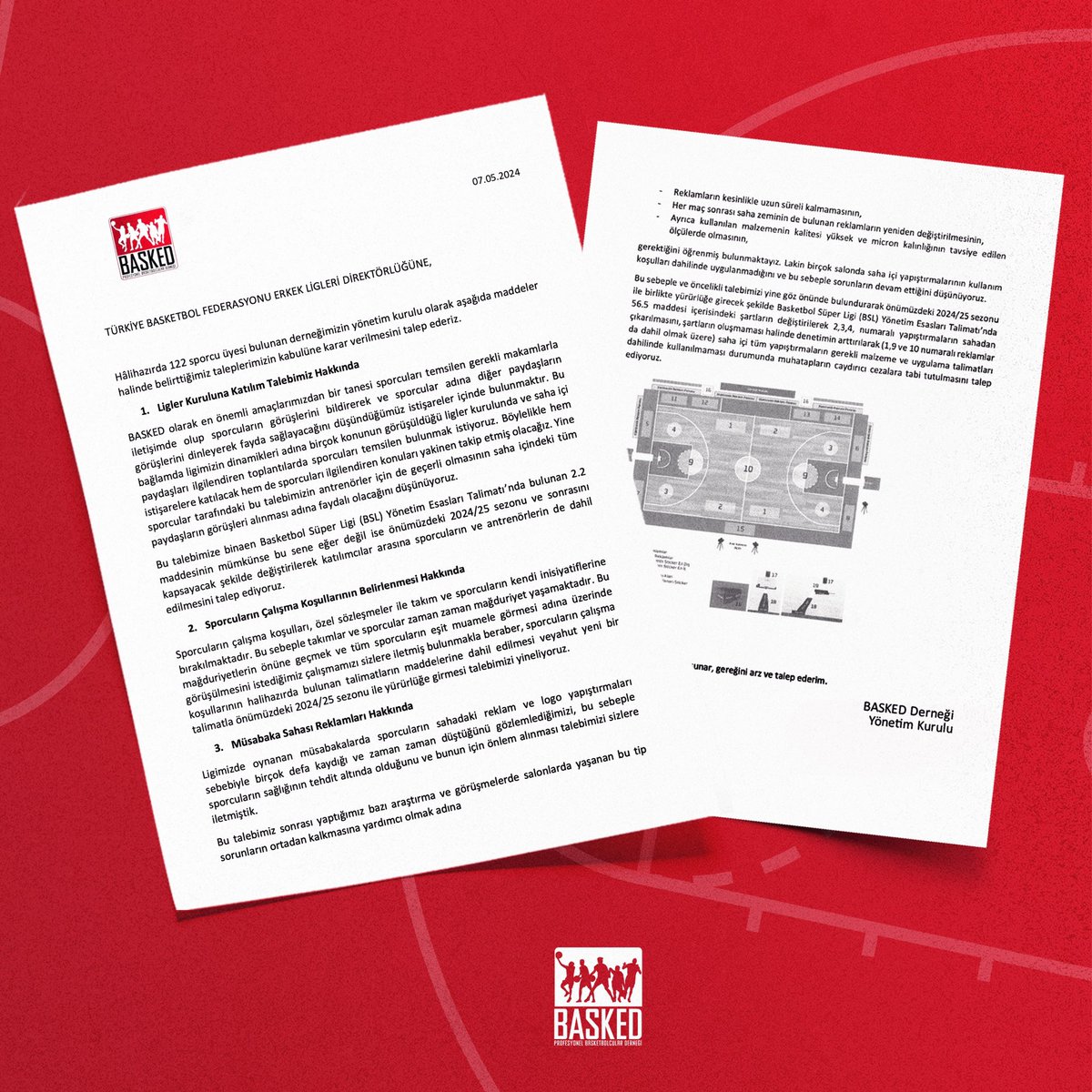 BASKED olarak üye sporcularımızı ve diğer paydaşları gerekli makamlarla iletişim kurarak temsil etmek gayesiyle; Ligler Kuruluna katılımımız, Sporcuların Çalışma Koşullarının Belirlenmesi ve Müsabaka Sahası Reklamları hakkındaki taleplerimizi içeren dilekçeyi TBF Erkek Ligleri