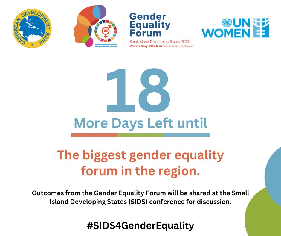 #Countdown 18 days left until the #SIDS4GenderEquality Forum! We're one day closer to fostering gender equality in SIDS. Let's keep the momentum going! @CaribbeanUN @caribank @GAC_Corporate @dfat @MFATNZ @WHO @UNDRR @CaribbeanUnesco @pahowho @ITC_SheTrades @ParlAmericas