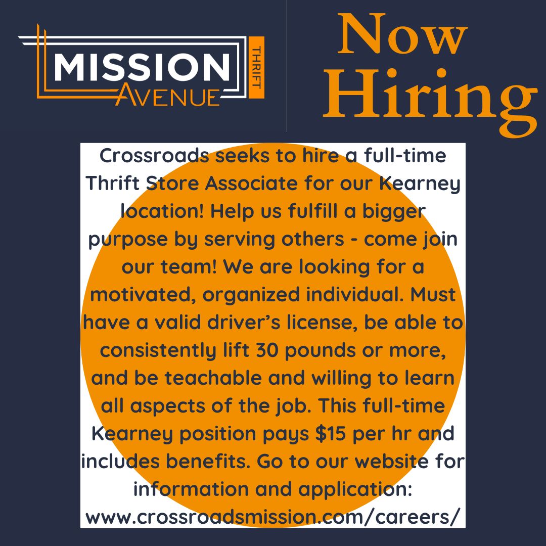 ❤️ Have a heart for ministry and serving others? Join the Mission Avenue Thrift team! Current job openings are listed at crossroadsmission.com/careers #MissionAvenueThrift  #JobOpportunity #LoveMyJob #CentralNebraska❤️ #JoinOurTeam #NowHiring #ApplyToday