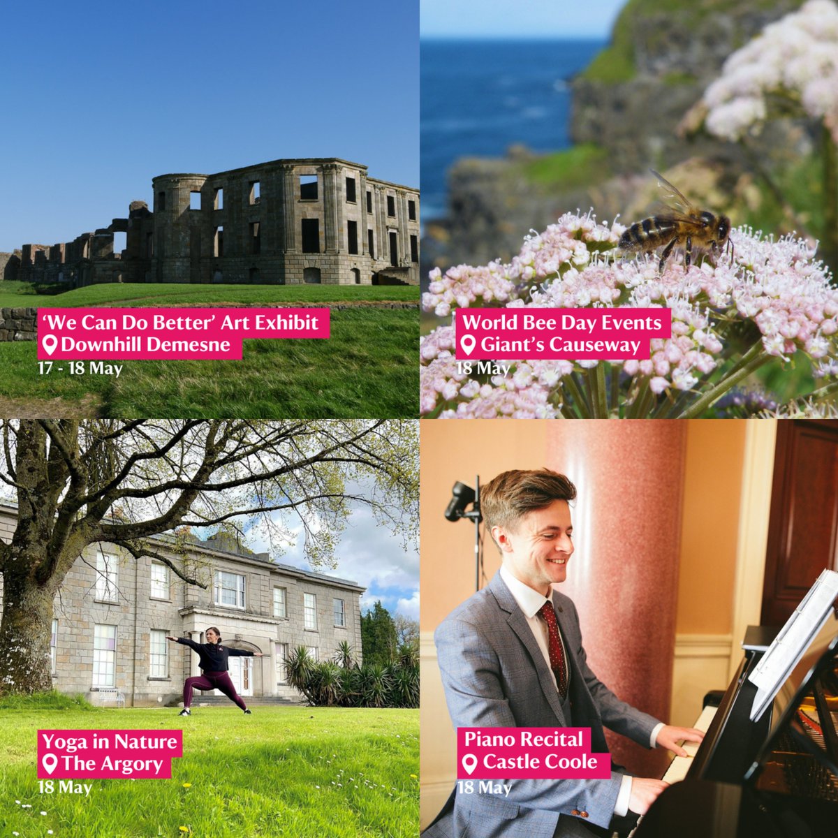 Looking for some ways to get outdoors in May?🌼 From yoga in the wild, to outdoor art exhibitions and everything in between, there's something for everyone! 🎟️ Some of these events are ticketed. For more info on ticketing and timings, head to bit.ly/nteventsni #NIEvents