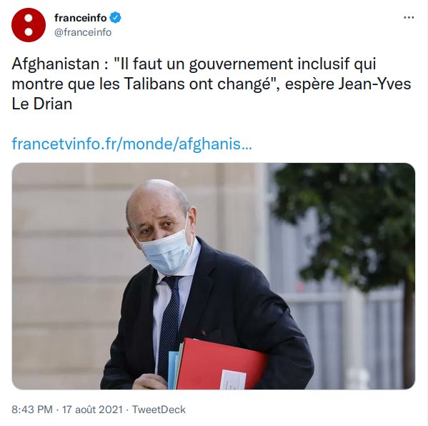 Pas d’ennemi, pas d’ami, que des clients et des marchandises produites dans le sang des ouïghours et la servitude des travailleurs•ses chinois•es ! C’est vrai que pour ça on peut compter sur le bon sens des vieux amis des talibans comme @JY_LeDrian 🙃 #XiJinping