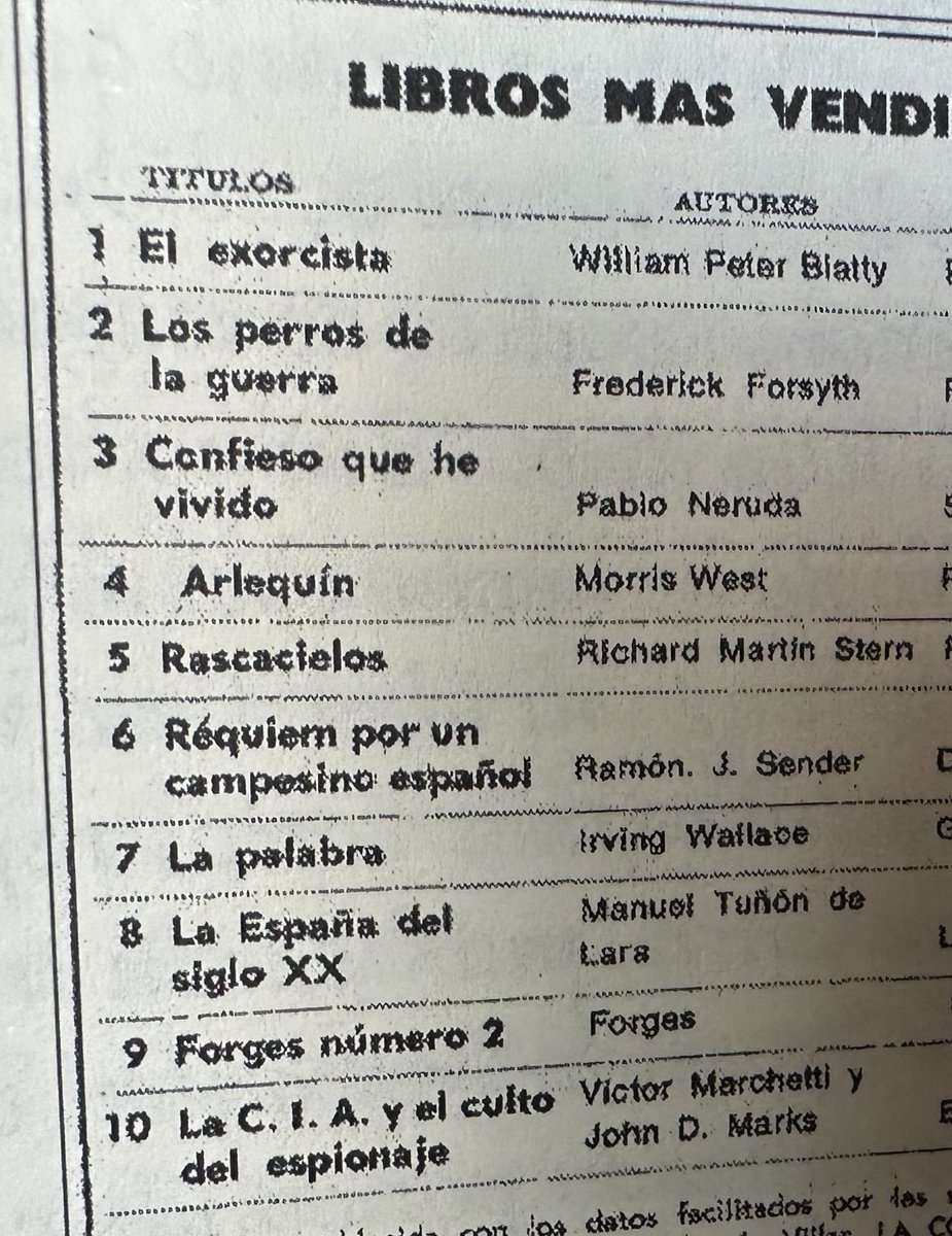 Marzo de 1975. Libros más vendidos en España. Hay varias obras maestras. Dice mucho de la sed cultural y el nivel de conocimiento de la gente.