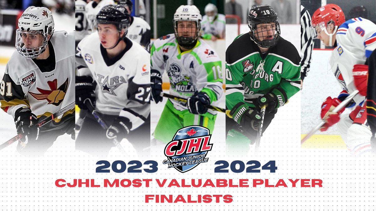 #CJHLNews | Congratulations to Luka Sukovic, Kian Bell, Lucas Signoretti, Trevor Hoskin, and Alex Blais, who have been nominated for the 2023-24 CJHL Most Valuable Player Award 🏆 📖 Read | cjhlhockey.com/en/cjhl-mvp-fi…
