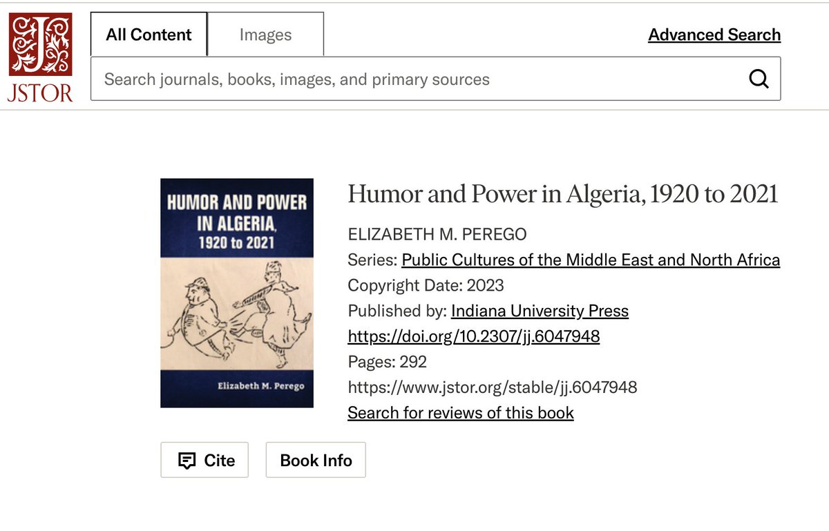 My book Humor and Power in Algeria, 1920-2021, is available in its entirety on JSTOR in addition to being on sale through bookstores/Indiana University Press's website. You can also get free access to 100 JSTOR articles/chapters (including my book )here: support.jstor.org/hc/en-us/artic…