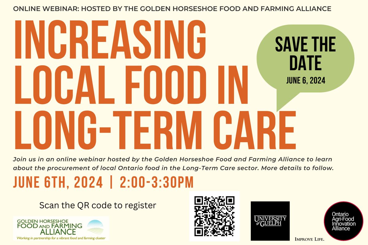 Upcoming Webinar:
Are you interested in opportunities to increase local food procurement in LTC homes? Join us for a webinar hosted by <a href="/GHfoodfarming/">Golden Horseshoe Food & Farming</a>, as part of our KTT project funded by <a href="/AgInnovationON/">Ontario Agri-Food Innovation Alliance</a> on June 6th. Scan the QR code below to register.