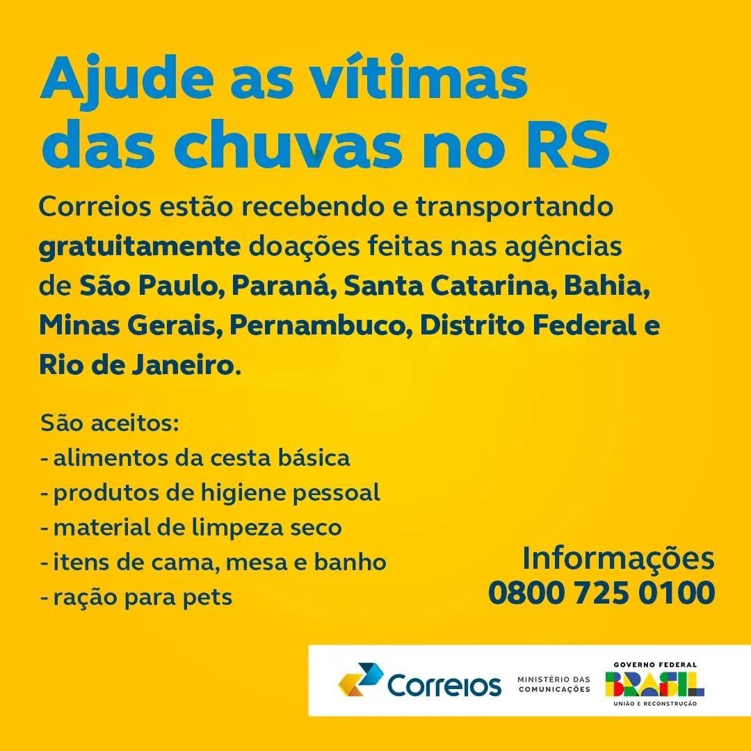 🚨 S.O.S RIO GRANDE DO SUL Se você é de SP, PR, SC, BA, MG, PE, DF, RJ ou áreas não afetadas do RS, e quer fazer uma doação de itens básicos, como os listados na imagem, as agências dos Correios estão coletando e transportando gratuitamente!