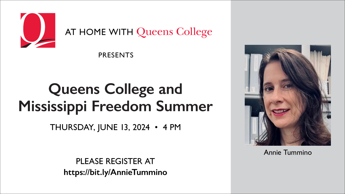 Join us on Thursday, June 13th at 4pm via Zoom for #AtHomeWithQC 'Queens College and Mississippi Freedom Summer' with Annie Tummino '10. RSVP: bit.ly/AnnieTummino . . . #queenscollege #qcalumni #queenscollegealumni #qc #cuny #qcalumninetwork #qcgold