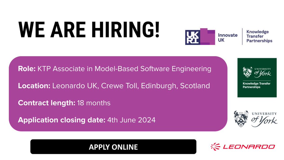 We are recruiting for a KTP Associate in Model-Based Software Engineering, for our exciting Knowledge Transfer Partnership with Leonardo UK Ltd. You can apply on the University of York website, using the following link: jobs.york.ac.uk/vacancy/ktp-as…