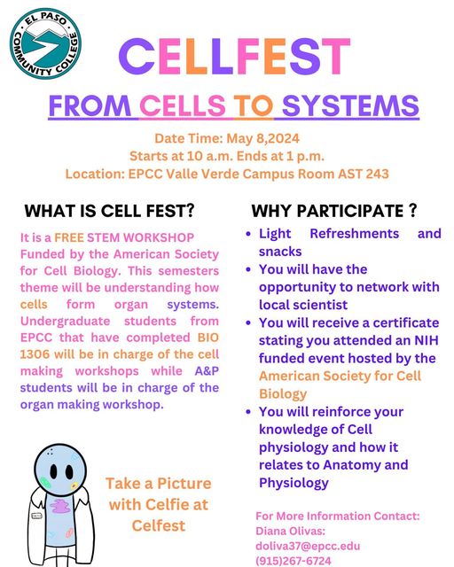 Join EPCC for Cell Fest on May 8 from 10:00 a.m. - 1:00 p.m. at the Valle Verde Campus room AST243. For more info call (915) 267-6724 or email doliva37@epcc.edu.