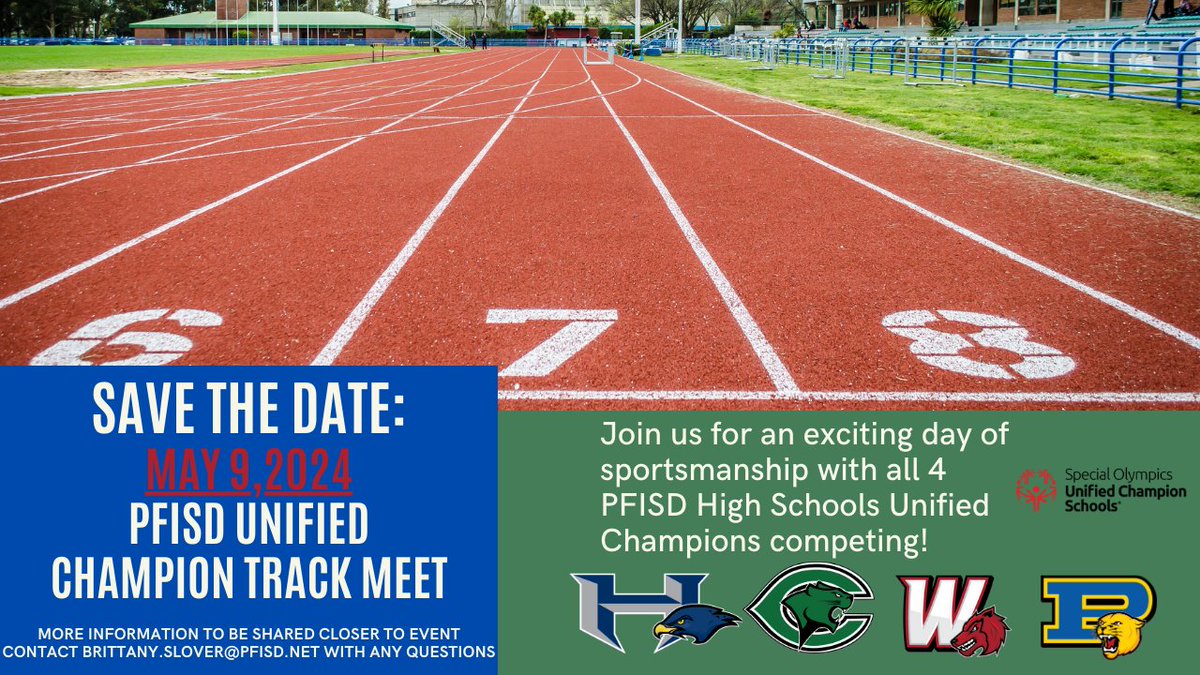 PfISD Athletics (@pfisdathletics) on Twitter photo We would 💕to have you out to the PfISD Unified Champion Track Meet this week! Details below!
#Pfamily
10:00 AM <a href="/JBConnallyHS/">Connally High School</a> We would 💕to have you out to the PfISD Unified Champion Track Meet this week! Details below!
#Pfamily
10:00 AM <a href="/JBConnallyHS/">Connally High School</a>