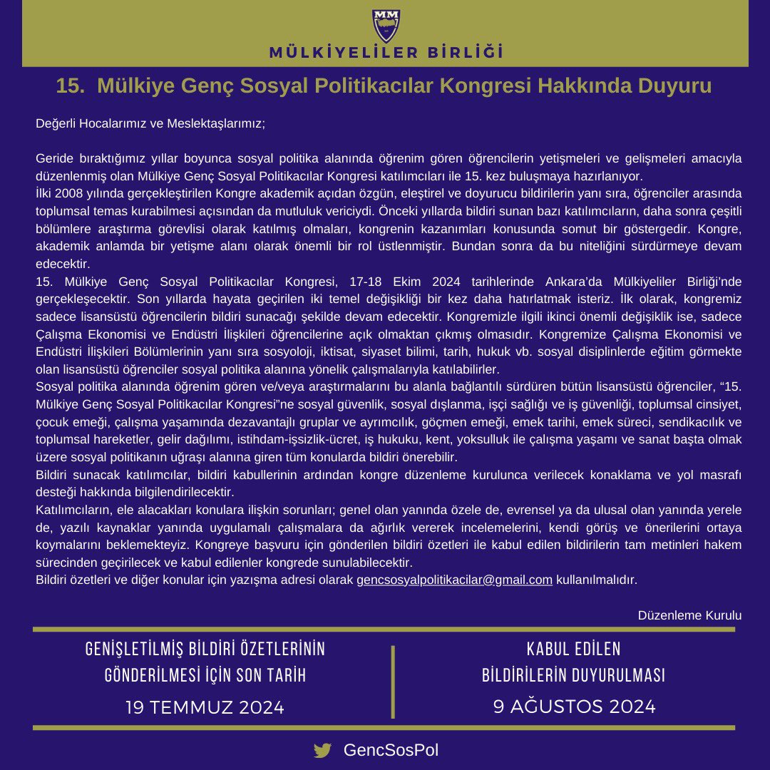 "Gençler sosyal politikayı konuşuyor!"

15. Mülkiye Genç Sosyal Politikacılar kongresi 17-18 Ekim 2024 tarihlerinde Ankara’da Mülkiyeliler Birliği’nde gerçekleşecek. 

Tarihler ve başvuru bilgileri 👇

<a href="/mulkiyeliler/">Mülkiyeliler Birliği</a>