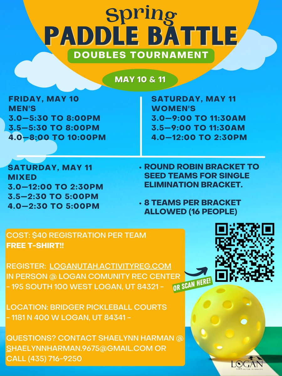 Register NOW at loganutah.activityreg.com for the Spring Paddle Battle Doubles Pickleball Tournament!  #loganutah #weareparksandrec #paddlebattle #hellospring #pickleball