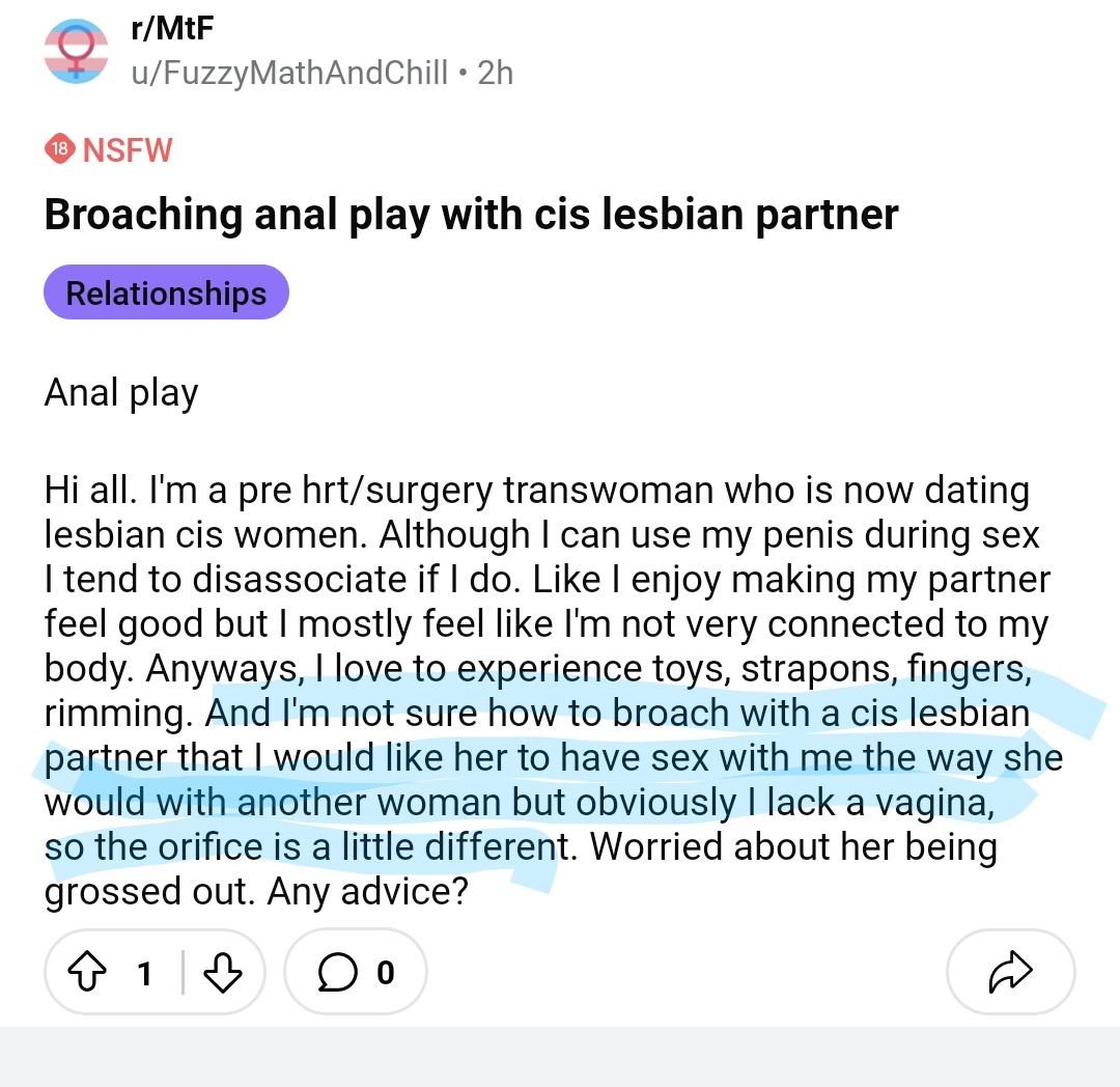 Man seeks advice on the best way to coerce lesbians to f*** him in the a** with a strapon, and the rest of us continue to wonder when these rapey creeps will finally be pushed back into the shadows where they were for most of human history. There is a reason society has…