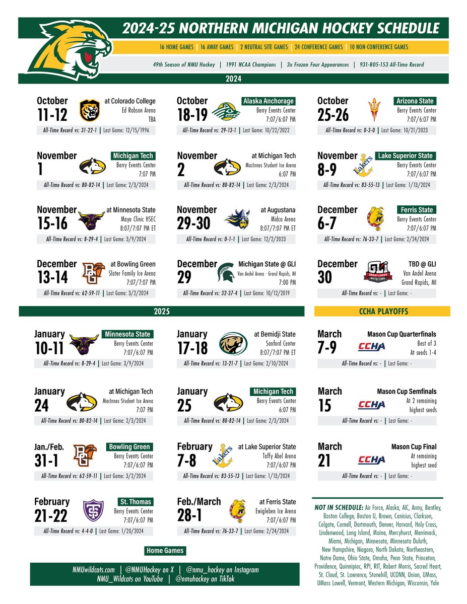 How we line up this coming season 😼 Full 2024/25 schedule release ➾ bit.ly/3UZH7QJ #NMUwildcats | #CCHAhockey