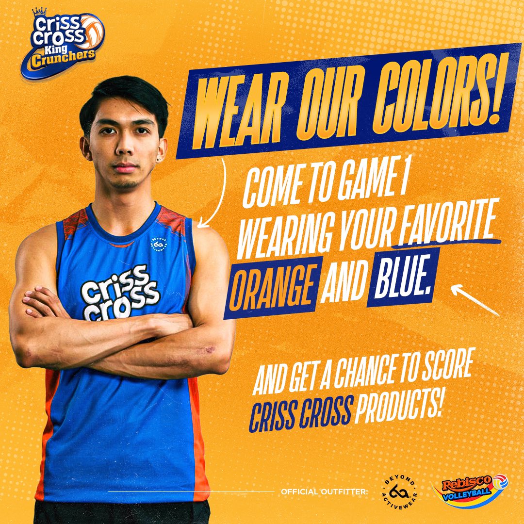 Come to Rizal Memorial Coliseum at 6 pm on May 8, 2024 and wear Criss Cross Orange and Blue to show your support for the King Crunchers! Get a chance to score Criss Cross products while enjoying the Finals! #crisscross #crisscrosskingcrunchers #SpikersTurf #RebiscoVolleyballPH
