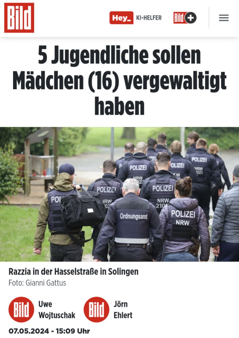 Razzia in Solingen: „5 Jugendliche sollen Mädchen (16) vergewaltigt haben. 

NRW braucht einen Ministerpräsident, der die Sicherheit der eigenen Bürger an die 1 Stelle setzt und keinen „Alle-Anderen-Sind-Nazis“ Wüst, der seine Zeit auf Demos gegen die AfD verplempert. #Solingen