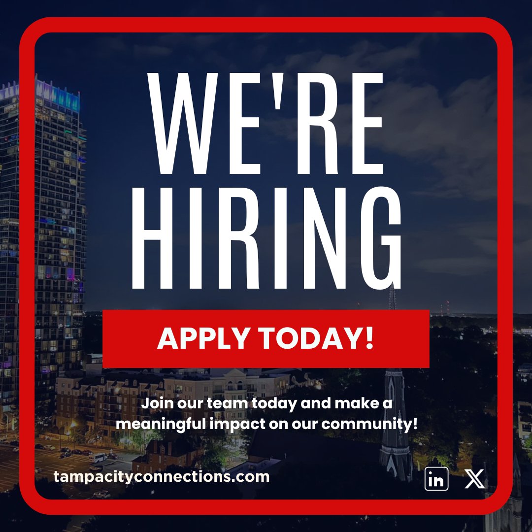 Tampa City Connections is growing, and we're looking for passionate individuals ready to make a real impact in our community! 🚀 If you're ready to be a part of something meaningful, join our team today! #NowHiring #TampaCityConnections #hiring #jobopportunity #wearehiring