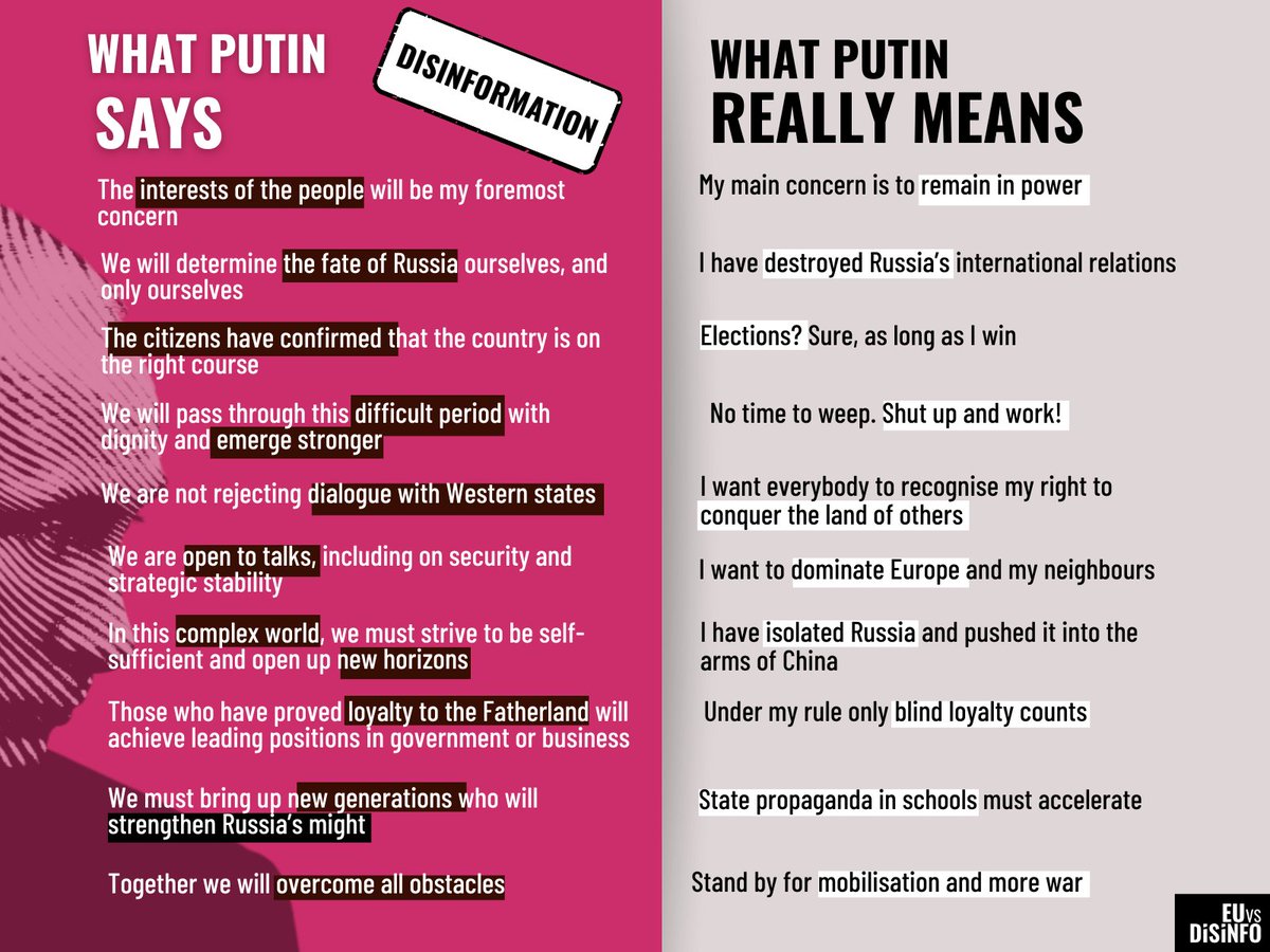 Following heavily manipulated 'elections', Putin was sworn in for his 5th term as president. The show covered even his tiniest moves, building up a personality cult. We cut through the chatter and decipher Putin’s speech for you. #DontBeDeceived Read more euvsdisinfo.eu/what-he-said-a…