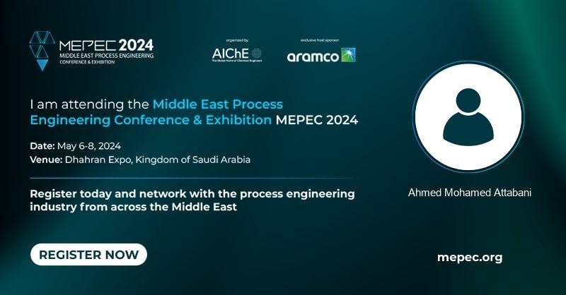 Join me and 5000+ attendees to #MEPEC2024 – The Middle East’s definitive conference and exhibition in digitalizing #processengineering. See you from May 6-8, 2024 at the Dhahran Expo, Kingdom of Saudi Arabia. Get your complimentary pass now: mepec.org/registration