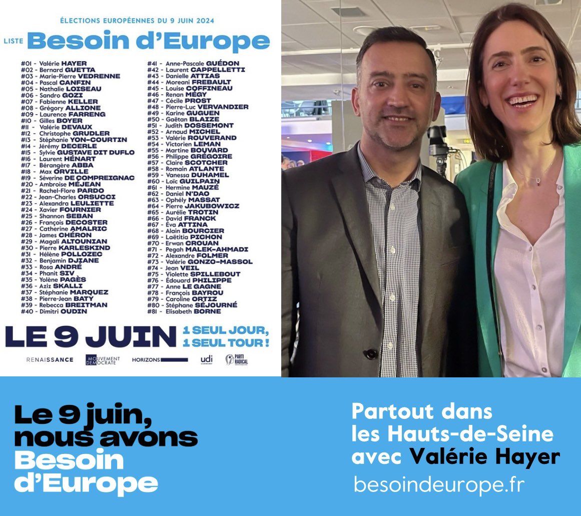 Fier de continuer l'aventure en tant que colistier de la liste @BesoindEurope avec @ValerieHayer et l’ensemble des personnalités de la liste ! Avec mes collègues, nous porterons fièrement nos #48propositions : 1️⃣ Bâtir une Europe forte, sûre et indépendante 2️⃣ Promouvoir une