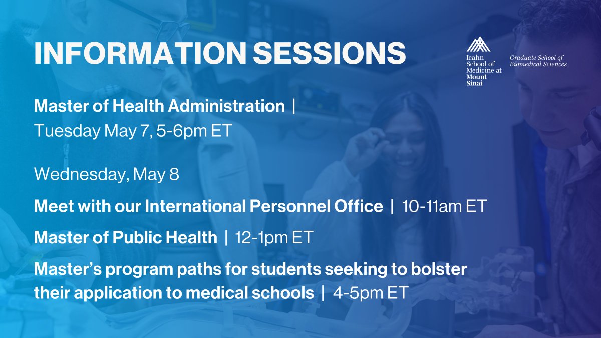 The Graduate School is hosting several information sessions this week! Register now to learn more about our graduate programs in Health Administration and Public Health, as well as sessions for international students and students seeking clinical careers: mshs.co/3uM4Eu0