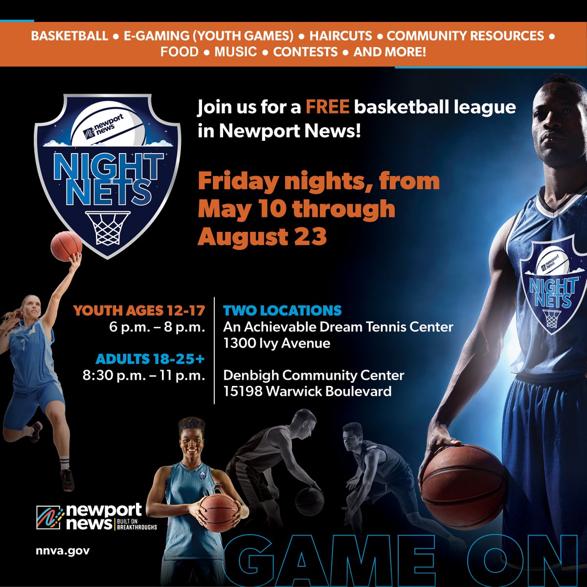 The city is launching Friday Night Nets, a basketball initiative beginning this Friday, 5/10!🏀Every Friday night, Denbigh Community Center and An Achievable Dream will be filled with friendly competition and engagement opportunities. Visit nnva.gov for more info!