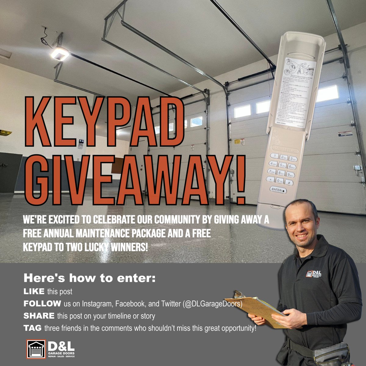🎉 We're giving away a Free Annual Maintenance Package ($199 value) & a Keypad ($169 value)! 🚪🔑

To enter:

LIKE & RETWEET 🔄
FOLLOW us @DLGarageDoors
TAG three friends 👇
Ends 5/10! Don't miss out! #DLGarageDoorsGiveaway #HomeImprovement #EnterToWin #Sweepstakes #BoiseBusiness
