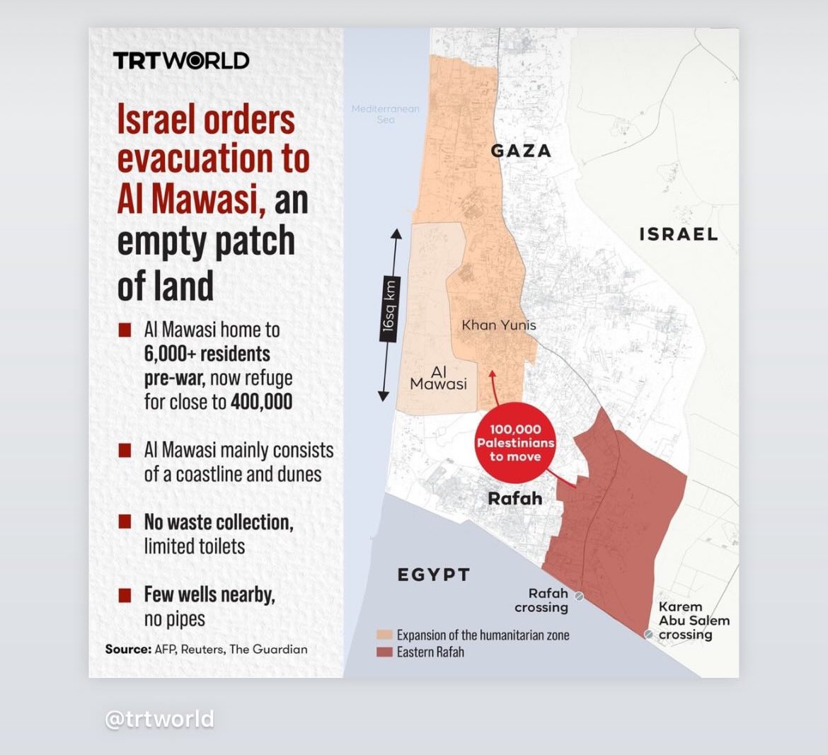 'The army has been repeatedly advising some two million civilians to move to Al-Mawasi, a 'humanitarian zone' smaller than London's Heathrow Airport. But evacuees say it's an abandoned place and not humane.'