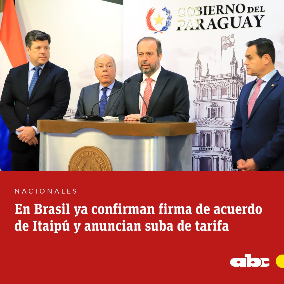 El medio brasileño Globo informó que Brasil y Paraguay firmaron un acuerdo sobre la tarifa de Itaipú, confirmando un aumento del 15,4%, pasando de los actuales 16,71 dólares/kW a 19,28 dólares/kW.

Leé más: abc.com.py/nacionales/202…

🔴Recibí las noticias en tu celular: