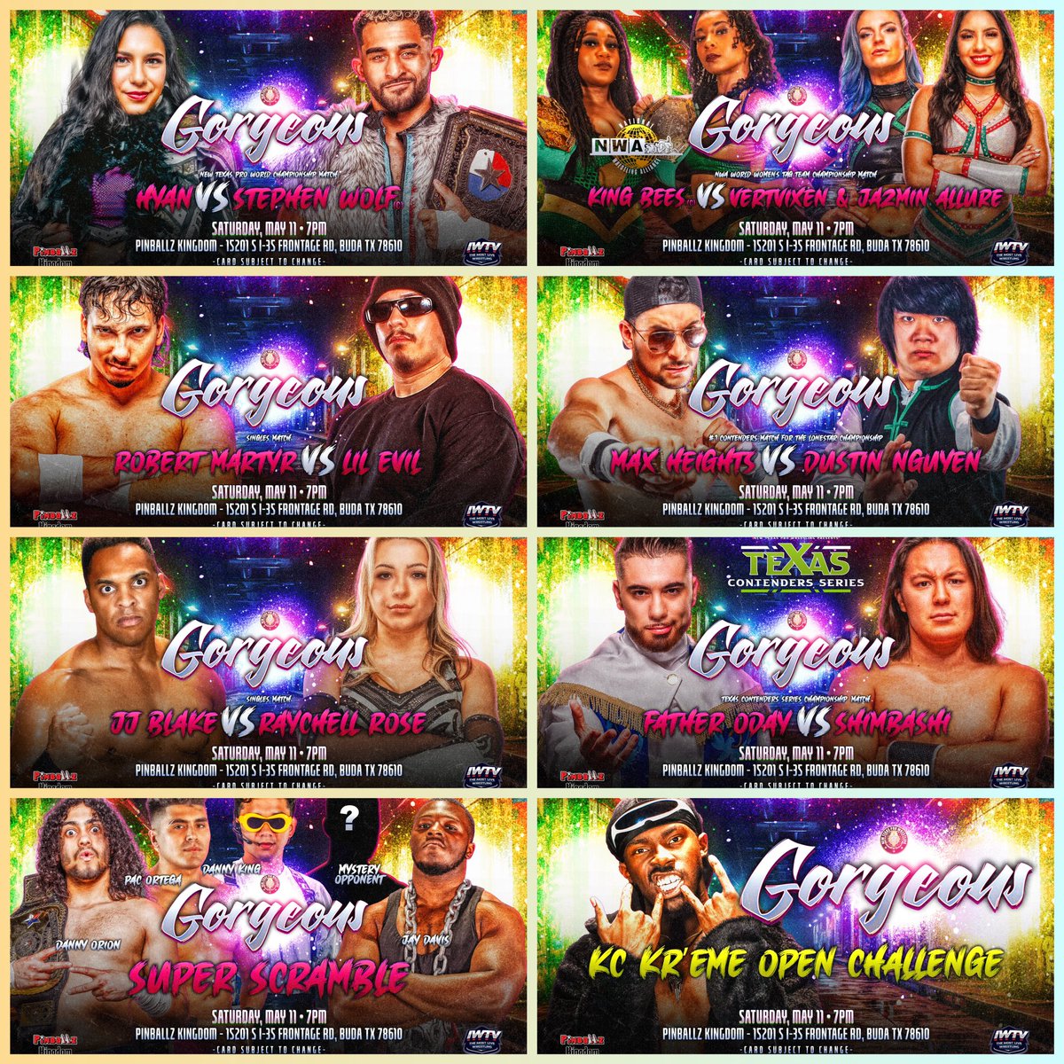 ❗️SATURDAY❗️ Hyan/Wolf King Bees/Tier One Martyr/Evil Max/Dustin JJ/Rose Oday/Shimbashi Super Scramble KC Kr’eme Open Challenge +more #Gorgeous • 5/11 • 7PM @pinballzaustin • Buda, TX Only 15 Seated GA Remain!! 🎟️: NewTexasPro.Com/Events