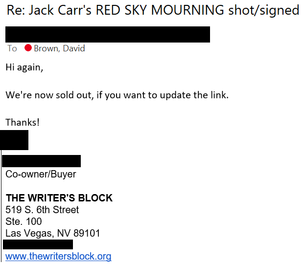 If you want one of the special edition copies of RED SKY MOURNING that @JackCarrUSA both signs and shoots, know that the stores with stock are going down one by one. Find stores, like @DoylestownBooks, that still have limited quantities here: officialjackcarr.com/books/shot-thr…
