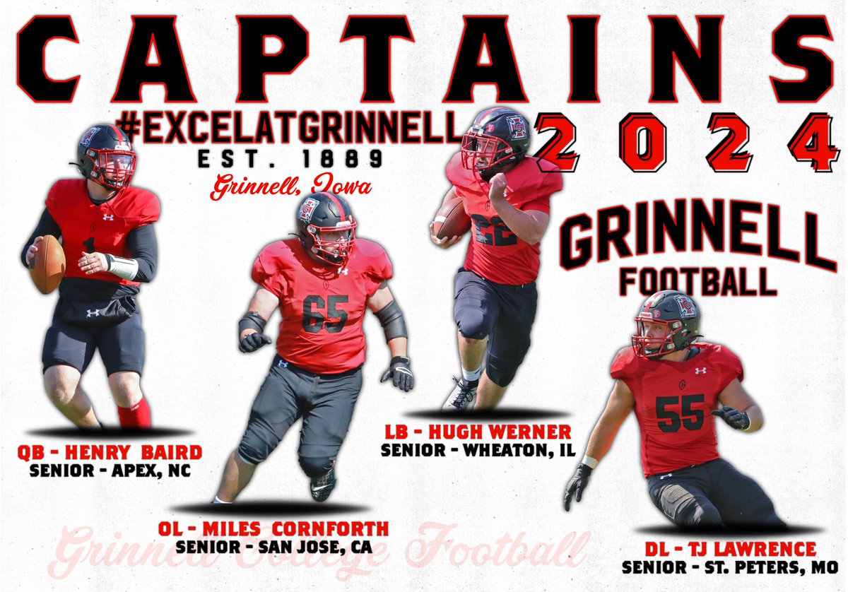 Early last week the guys voted for our '24 Captains! These 4 took home the most votes and will be leading us in 2024! Henry Baird - QB, SR, Apex, NC Miles Cornforth - OL, SR, San Jose, CA Hugh Werner - LB, SR, Wheaton, IL (3x cap.) TJ Lawrence - DL, SR, St. Peters, MO (2x cap.)