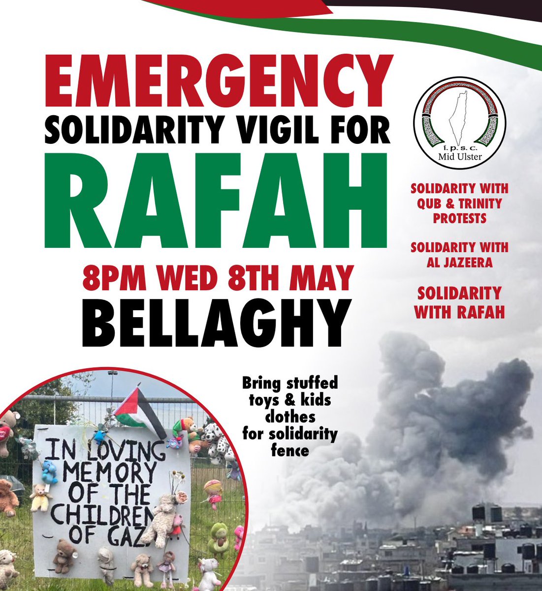 🚨 EMERGENCY MID ULSTER RALLY FOR RAFAH TOMORROW AT 8PM 🚨🇵🇸 Bellaghy, South Derry 🇵🇸 @GaelsAgainstGen @JoeBrolly1993 @BellaghyGAC @JJHurson @WattyGrahamsGAA