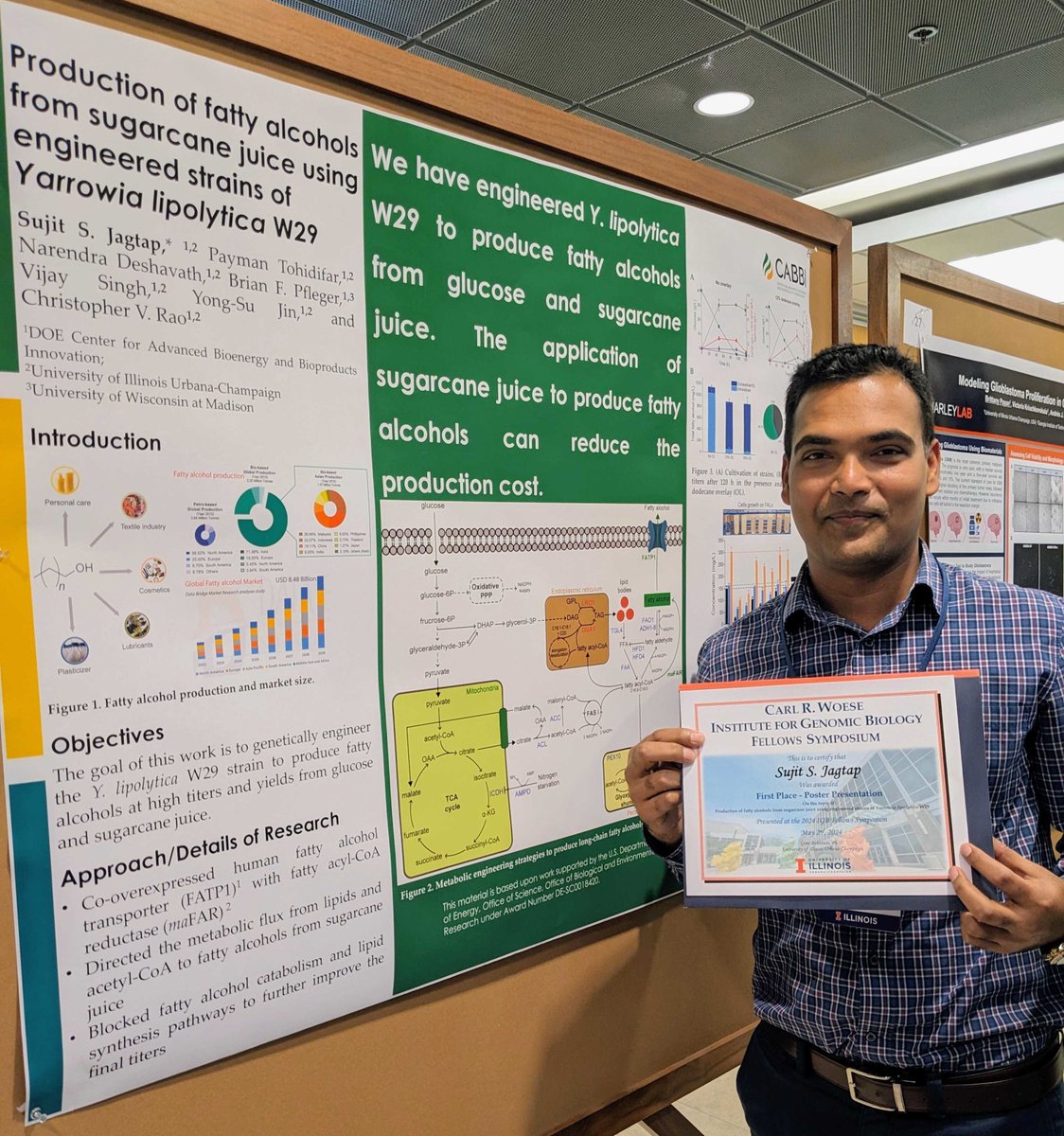 Congratulations to CABBI #Conversion Postdoc @sujit_jagtap1 of @ChBEIllinois for taking 1st place in the @IGBIllinois poster contest! 🥇 His work involves engineering #yeast to produce fatty alcohols from glucose and sugarcane juice! 🦠