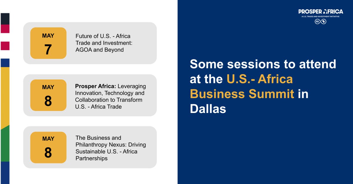 The #USAfricaBizSummit is happening this week! Hear from experts @ProsperAfricaUS and some partner U.S. government agencies like @USTDA @PowerAfricaUS @EximBankUS @DFCgov @MCCgov and @StateDept about the future of U.S.-Africa trade and investment.