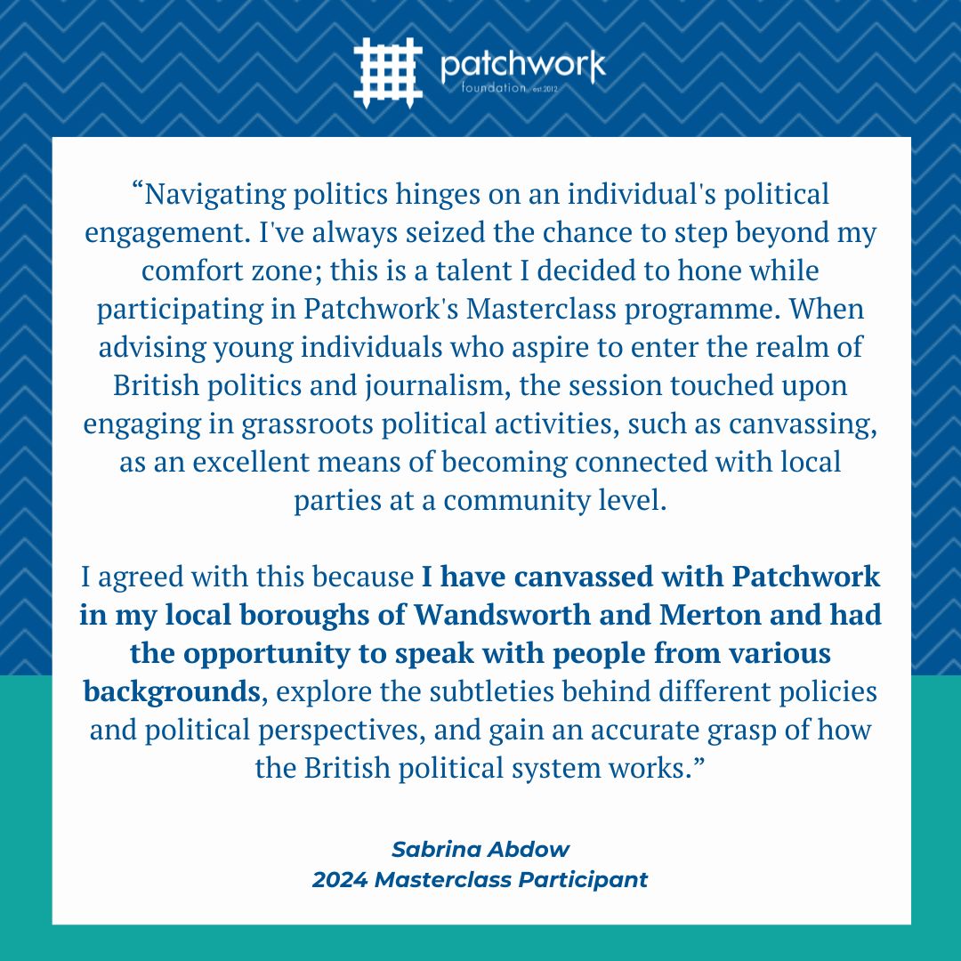 Sabrina Abdow, a 2024 Masterclass programme participant, reflected on her recent Masterclass with Eleni Courea, Political Correspondent at the Guardian - read about her takeaways here: patchworkfoundation.org.uk/exploring-poli…
