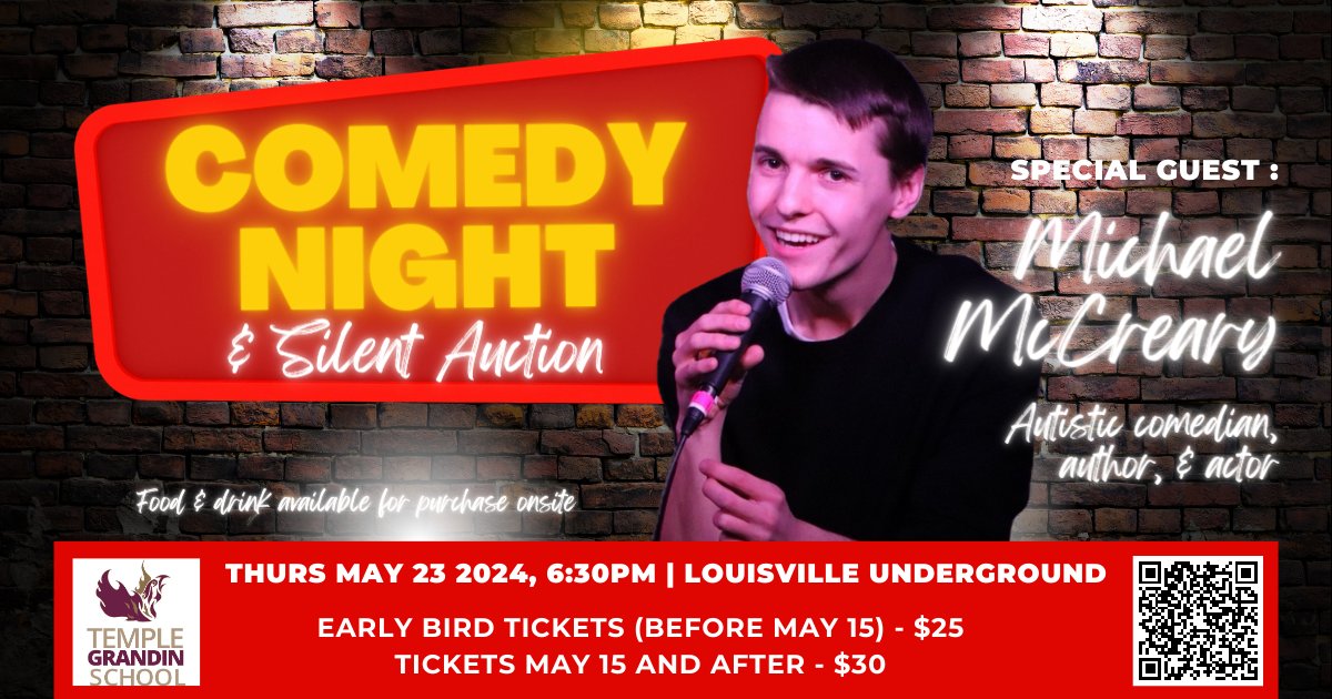 @TmpleGrndnSchl is hosting a #ComedyNight & #SilentAuction on Thursday, May 23 at 6:30pm at the #LouisvilleUnderground. Autistic comedian and actor Michael McCreary will perform. Come for some laughs and an amazing silent auction! Get tickets: secure.qgiv.com/event/templegr…