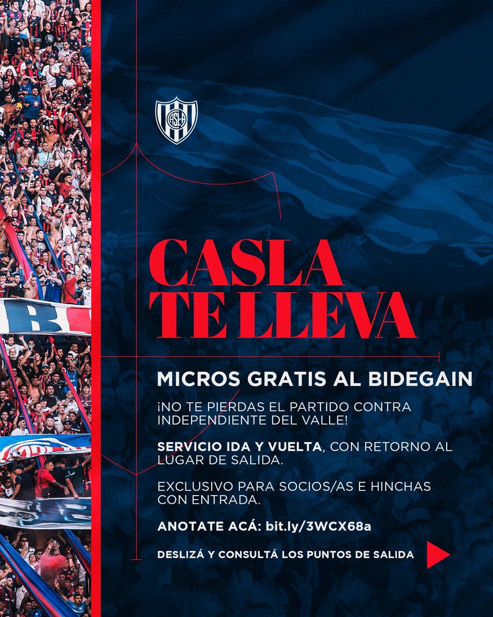 SanLorenzo's tweet photo. MICROS GRATIS 🚌

🏟️ Como este jueves habrá paro nacional y será un día difícil para trasladarse, CASLA te lleva al Bidegain para que no te pierdas el decisivo partido de Conmebol Libertadores con Independiente del Valle.

✅ El club te ofrece un servicio de traslado sin costo alguno que partirá desde distintos lugares de la Ciudad de Buenos Aires.

🕓 Hora de salida: 16.30. El retorno es al mismo punto de partida.

🎟️ Exclusivo para socios/as e hinchas con entrada.

ANOTATE haciendo click acá: ▶️ https://t.co/vYFA6VFFZE

💻 Más info, en https://t.co/a3TZly3AKj ▶️ https://t.co/6fjBxSjxsj

Para quienes viven en el Conurbano bonaerense, comunicarse con la peña más cercana: https://t.co/0i98vvQ3kG