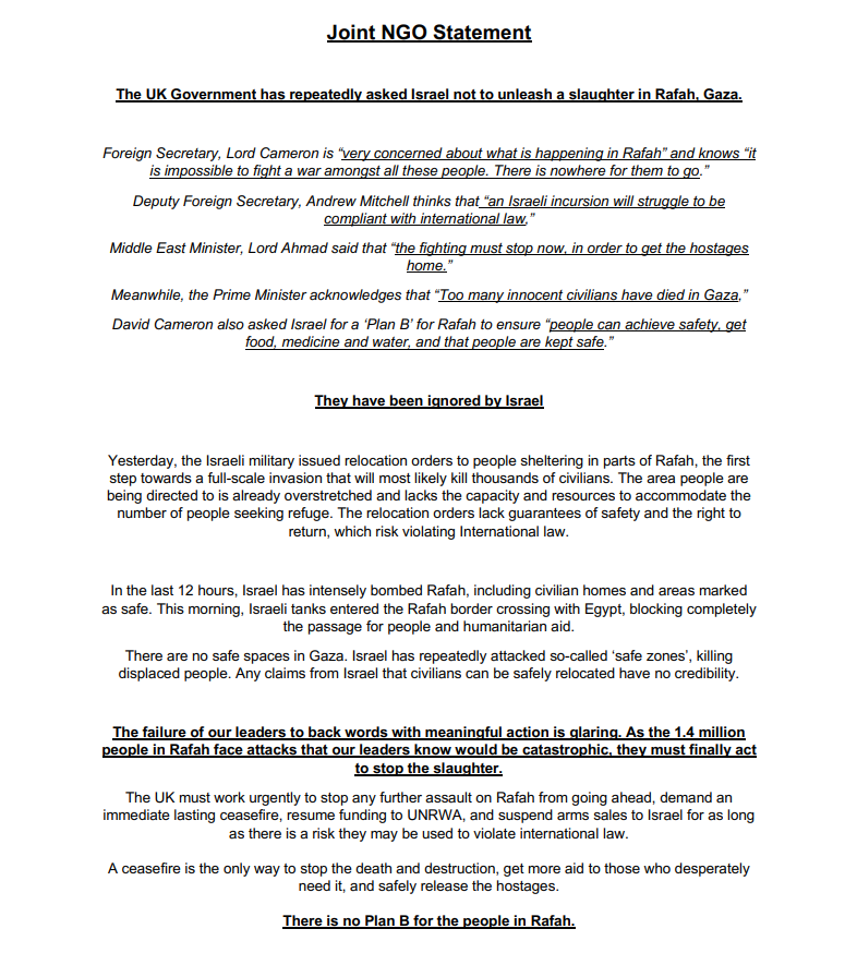 Trócaire is proud to be one of the 30 NGOs that have signed this joint statement calling on the UK government to urgently work to stop the assault on #Rafah. Ceasefire and unrestricted access for humanitarian aid NOW. Full statement and signatories⬇️