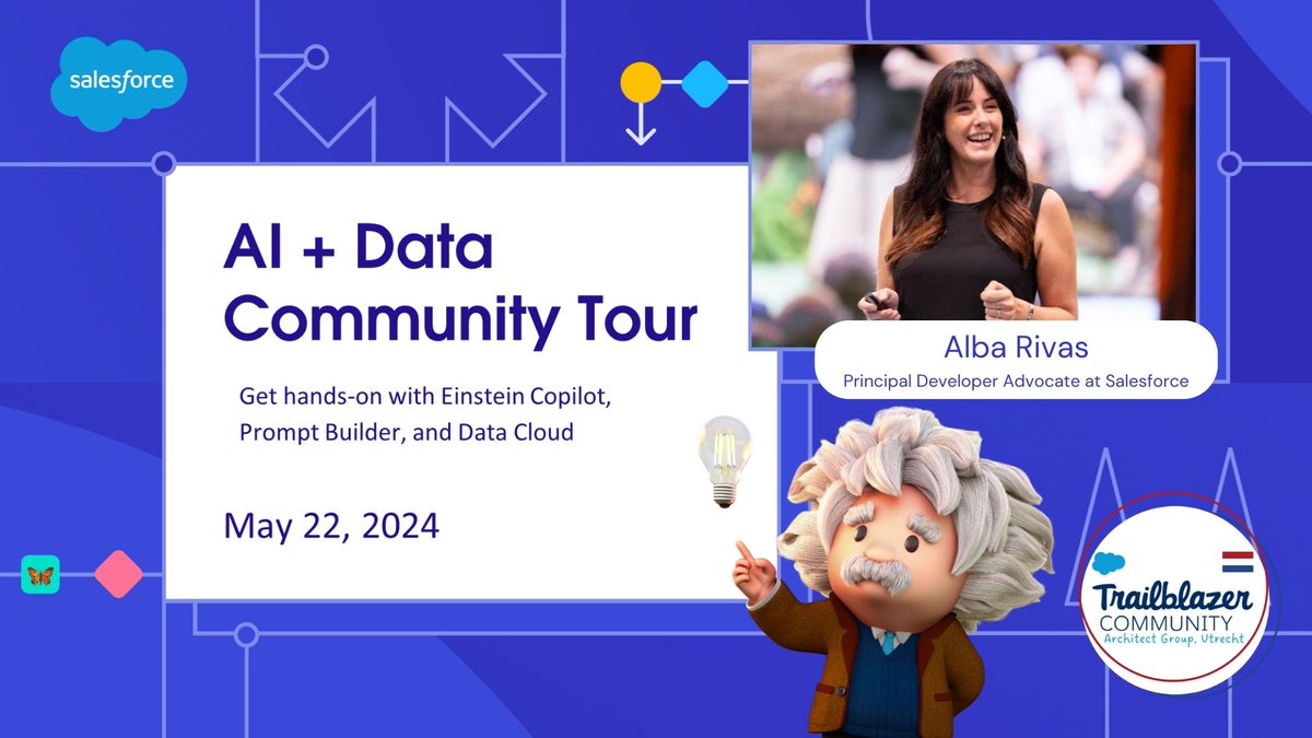Register now for the AI + Data Community Tour on May 22 2024! We’re going to demo Einstein Copilot, Prompt Builder and Data Cloud and learn how to build the next-generation of AI applications from @AlbaSFDC . trailblazercommunitygroups.com/e/mb36m5/
#datacloud #SalesforceTour  #Salesforce #AI